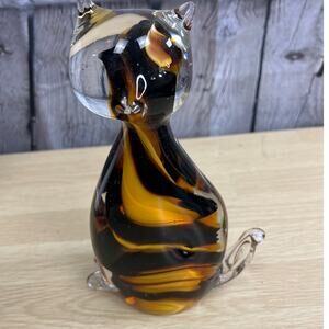 Vintage Murano Like Cat Paper Weight Rare Glass Blown Amber Figurine